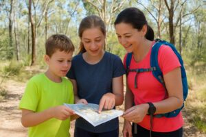 Beginner orienteers reading a map during an event in Australia.